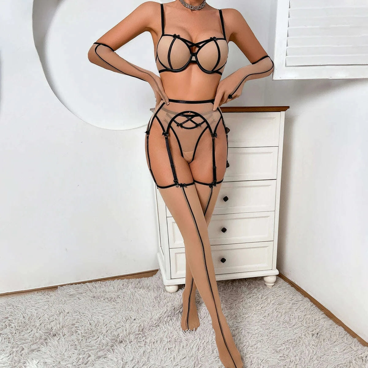 KIMLUD, MUZISKAT Exotic Sexy Luxury Ladies Erotic Lingerie Set Mesh Transparent Erotic Backless Hollow Out Sexy Lingerie five-piece Set, KIMLUD Womens Clothes