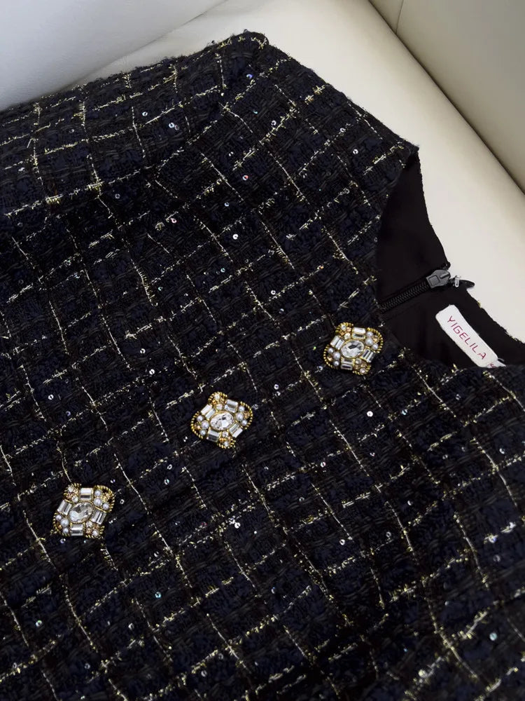 IEQJ Fashion Autumn Winter Evening Dress Women O-Neck Long Sleeves Single-breasted Zipper Cotton Tweed Umbrella Dresses New