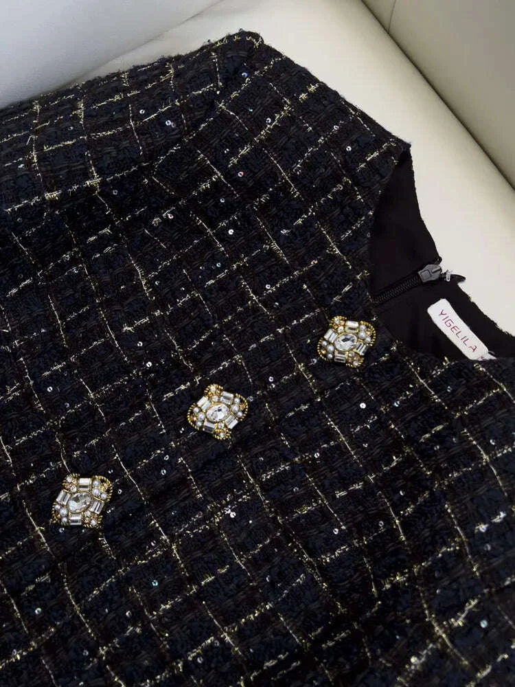 KIMLUD, IEQJ Fashion Autumn Winter Evening Dress Women O-Neck Long Sleeves Single-breasted Zipper Cotton Tweed Umbrella Dresses New, KIMLUD Womens Clothes