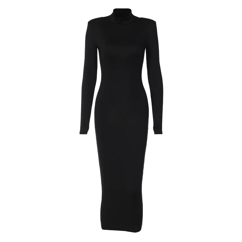 Hugcitar Women Fashion Turtleneck Long Sleeves Black Sexy Bodycon Maxi Prom Dress Fall Casual Clothes Streetwear Party Festival