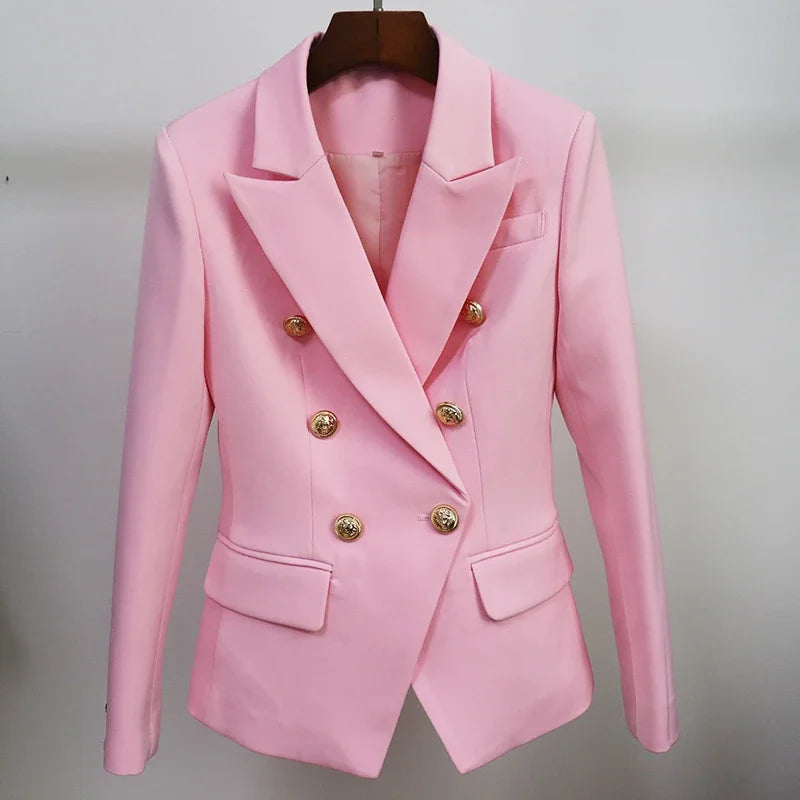 Pink Blazer Women TOP QUALITY Coat 2025 White Slim Blazer Jacket Female Double Breasted Metal Lion Buttons Women Blazers Tops
