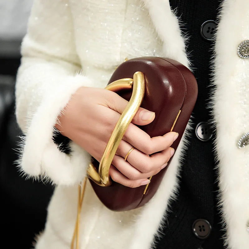 PU Leather Box Clutch Bag With Gold Closure And Chain Detailing — Black | KIMLUD