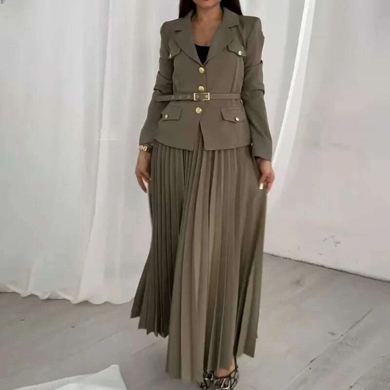 KIMLUD, Elegant Women Two Pieces Set Single-breasted Lapel Jacket Coat Belt Pleated Midi Skirt Suit 2025 office Lady New In Matching Set, KIMLUD Womens Clothes