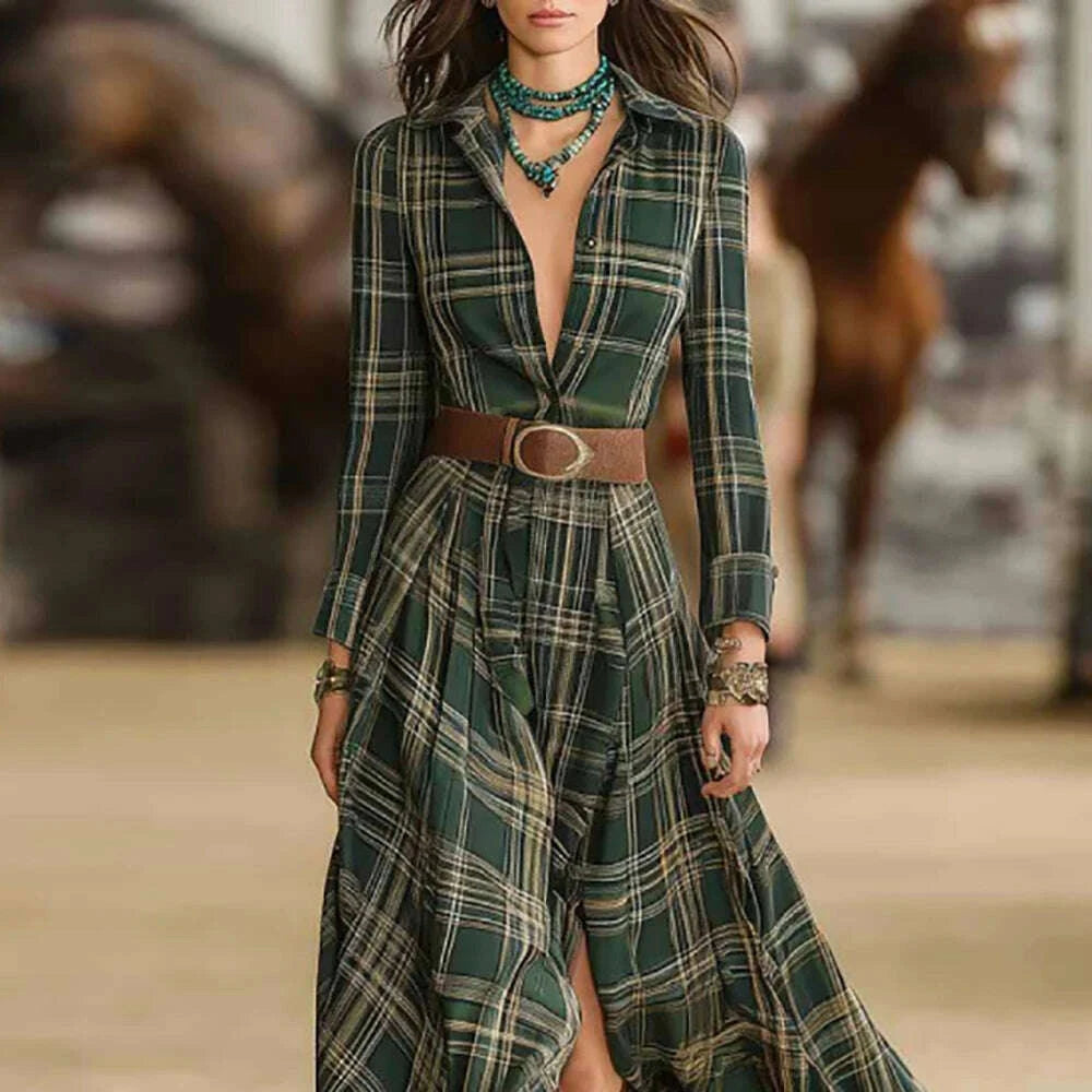 maxi plaid shirt dress Maxi Red Plaid Shirt Dress With Long Sleeves, Elegant Tartan Flowy Dress, Elegant Checkered Dress by Atelierastraea