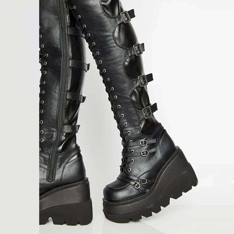 Punk Over-the-knee Boots Women Platform Heels Belt Buckle Boot Motorcycle Goth Shoe Thigh High Flat Boots Plus Size 42 43