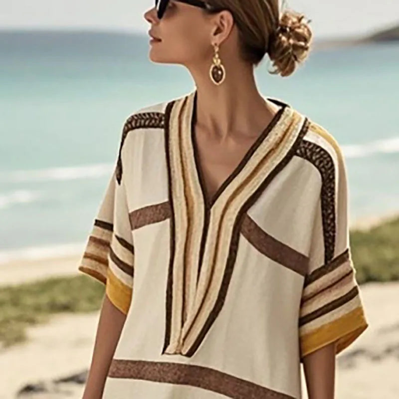 Spring Casual V Neck Holiday Dress Mujer Woman Summer Short Sleeve Loose Boho Dress 2025 New Retro Striped Print Commute Dresses
