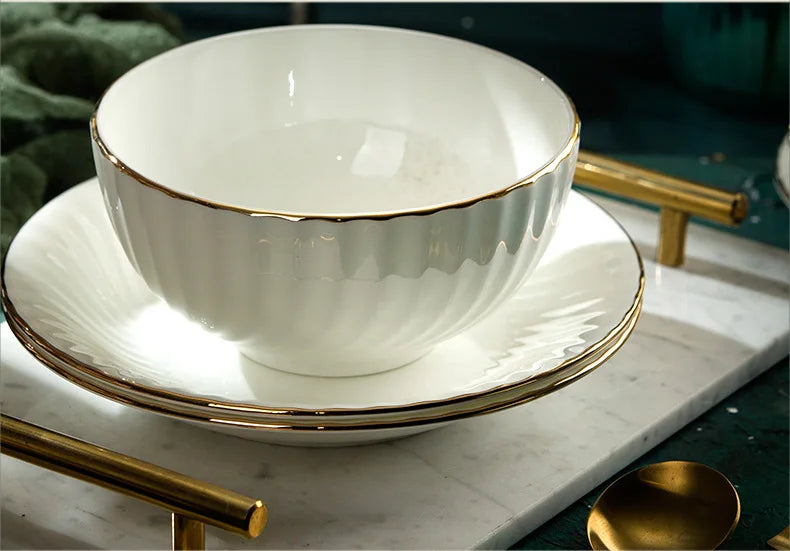Bone China Dinnerware Set With Gold Accents — White | KIMLUD