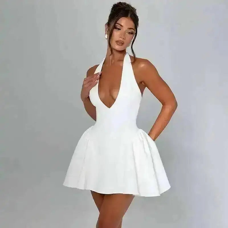 Townlike Waist Wrap A-line Pleated Dress Women Halter Mini 2024 Summer Dress V Neck Backless Nightclub Sexy Party Dresses
