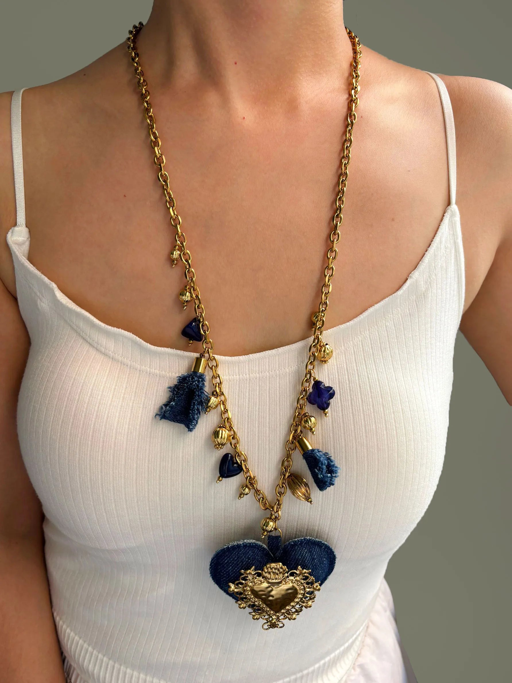 Heart Tassel Acrylic Pendant Necklaces Chain — Blue Denim | KIMLUD