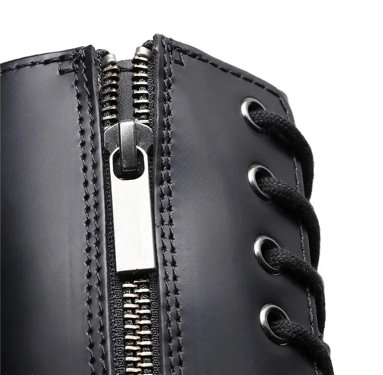 Women's Motorcycle Boots 10 Holes Thick Bottom Side Zipper British Style Long Booties Flatform Work Boots round Toe Mid Heel