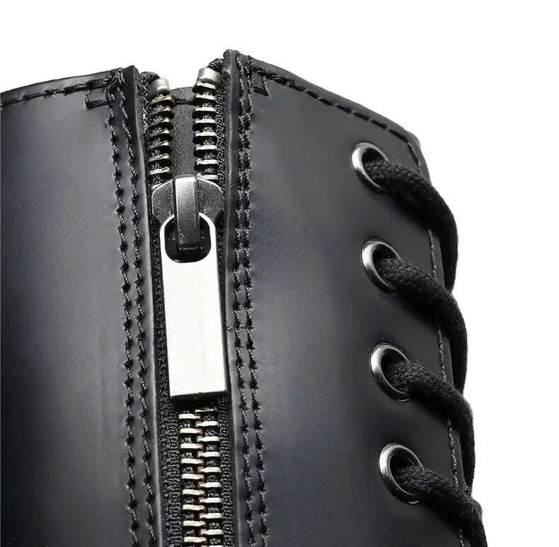 KIMLUD, Women's Motorcycle Boots 10 Holes Thick Bottom Side Zipper British Style Long Booties Flatform Work Boots round Toe Mid Heel, KIMLUD Womens Clothes