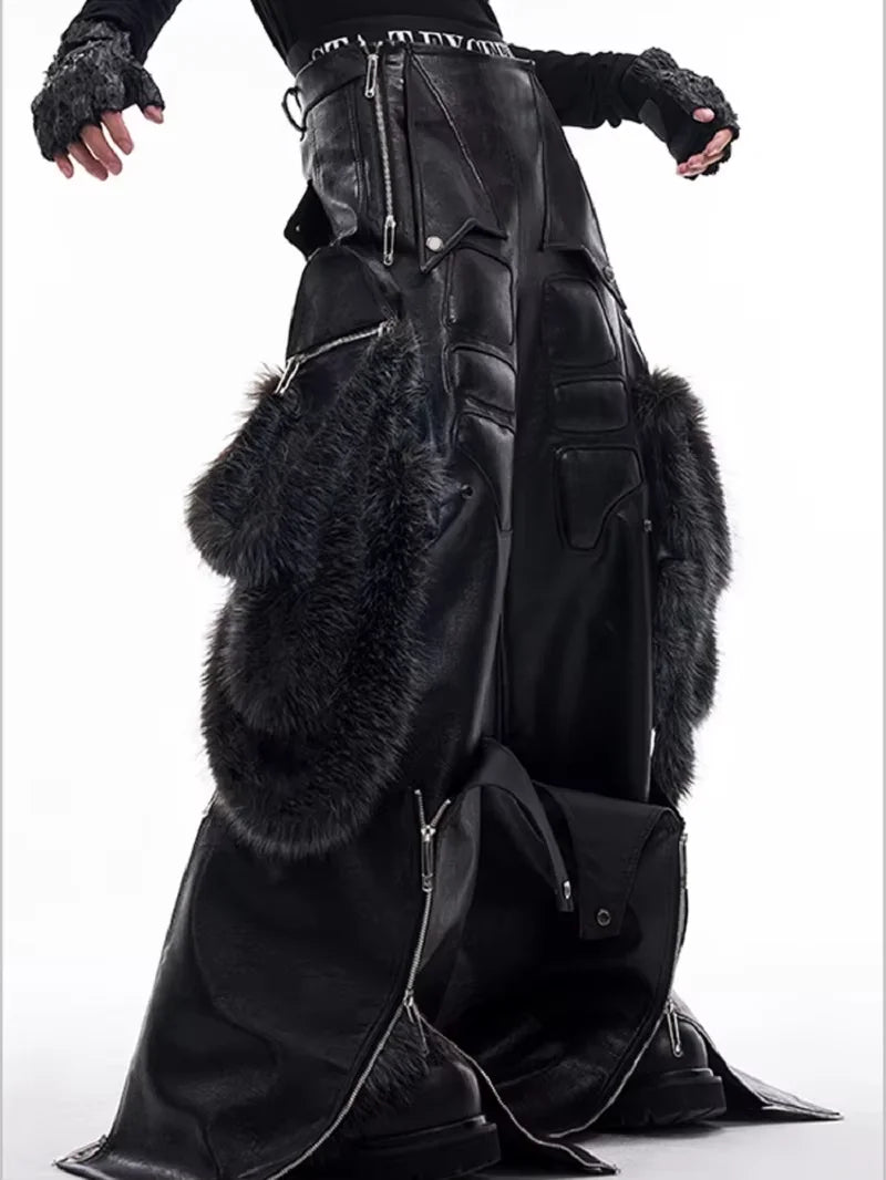 PU Leather Wide-Leg Baggy Cargo Pants — Black | KIMLUD