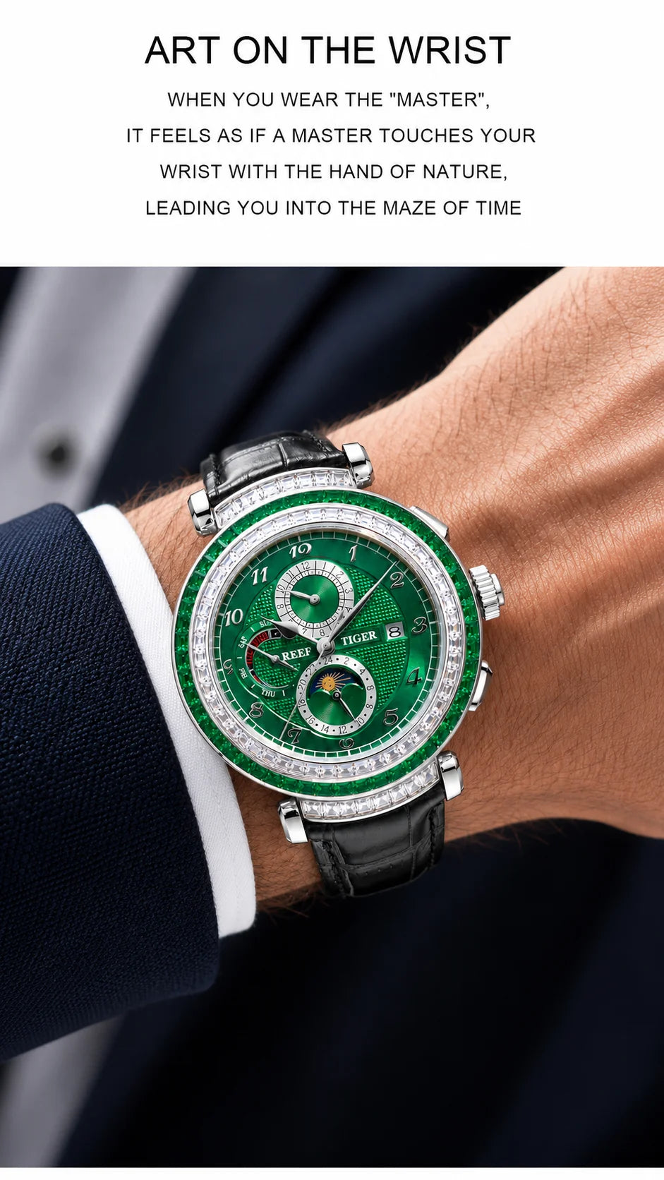 Men's Dress Watch – Moon Phase Date – Leather Strap – Green | KIMLUD