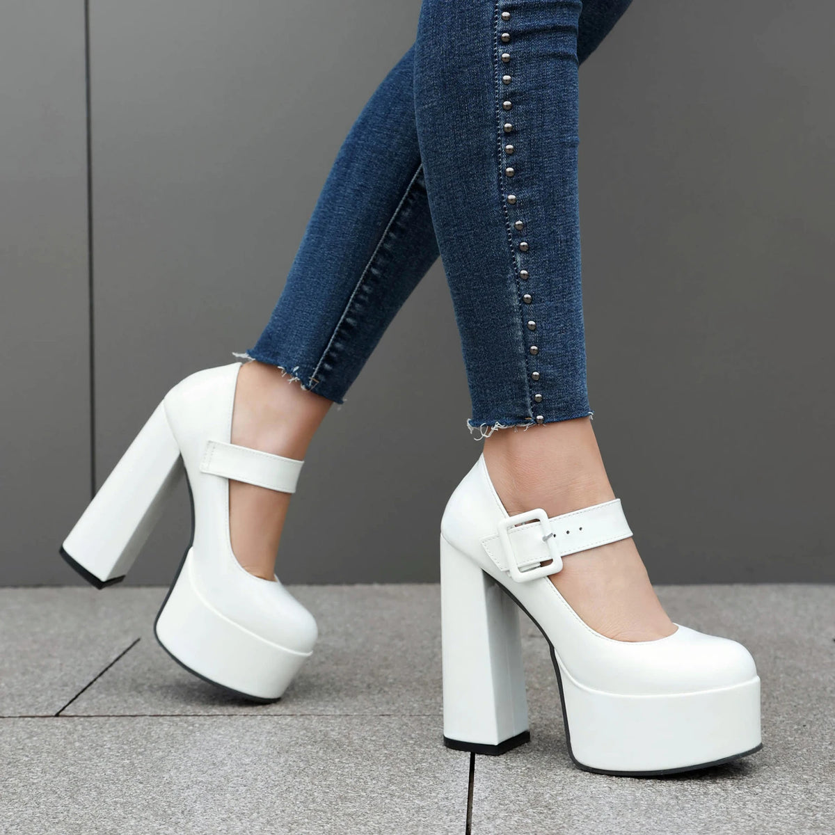 Mary Jane Platform Pumps – Buckle Strap – PU – Red | KIMLUD