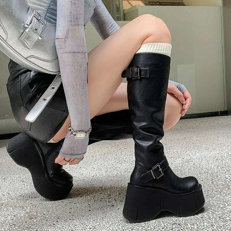 KIMLUD, 2024 Women's Shoes Basic Women's Boots Classics Knee-High Boots Women Belt Buckle Side Zip Round Toe Wedge Platform Shoes Ladies, KIMLUD Womens Clothes