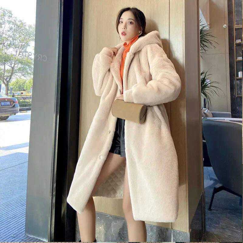 KIMLUD, 2024 New Winter Hooded Women Faux Fur Coat Ladies Thick Warm Long Fur Jacket Soft Tedy Female Loose Faux Fur Coats Outwear Parka, KIMLUD Womens Clothes