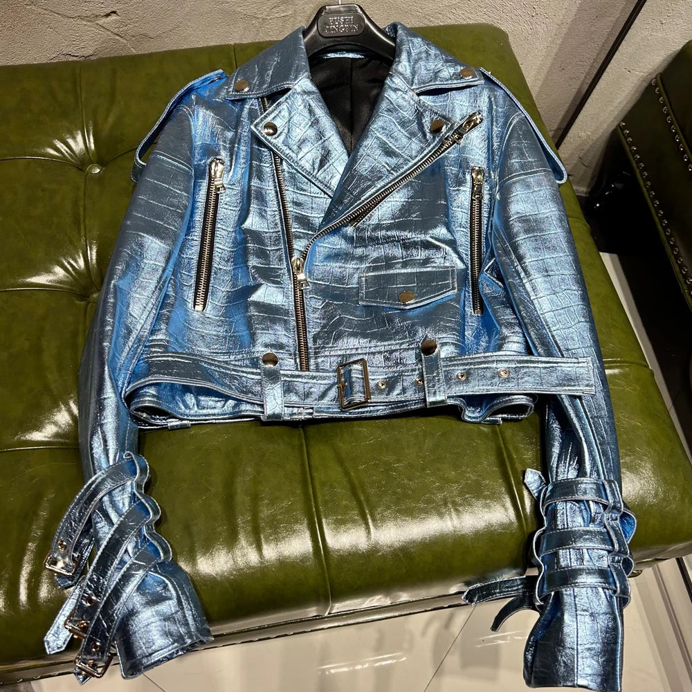 Shiny Blue Women Leather Jacket Real Lambskin Leather Cloth Streetwear Leather Jackets