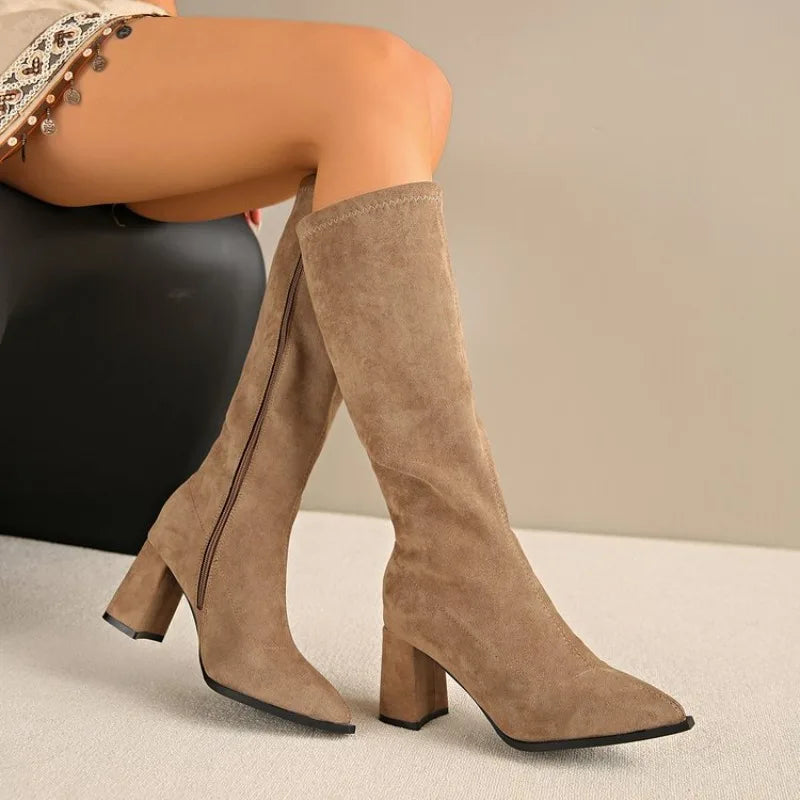 Suede Knee-High Block Heel Boots Classic — Brown | KIMLUD