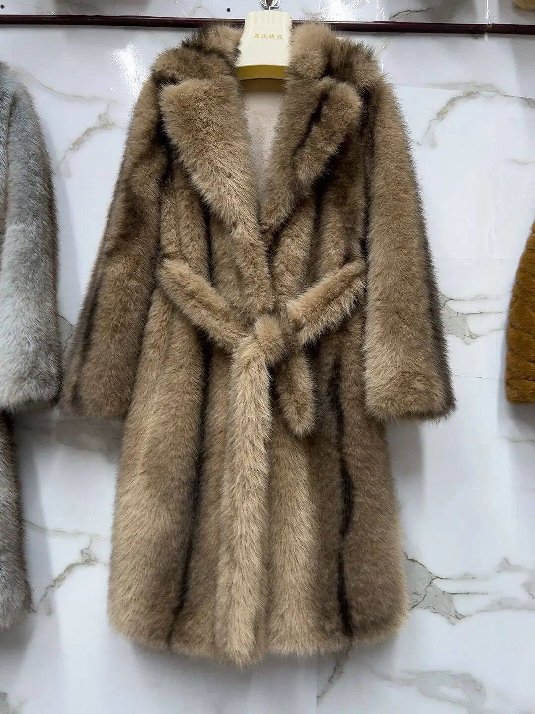 Faux Fur Coat - Long Waistband Design - Faux Fur - Large Collar | KIMLUD
