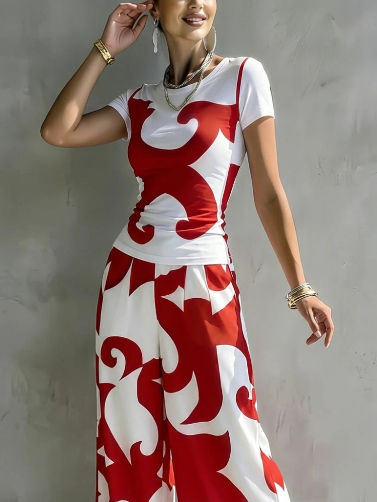 T-Shirt - Abstract Swirl Print - Fitted - Red White | KIMLUD