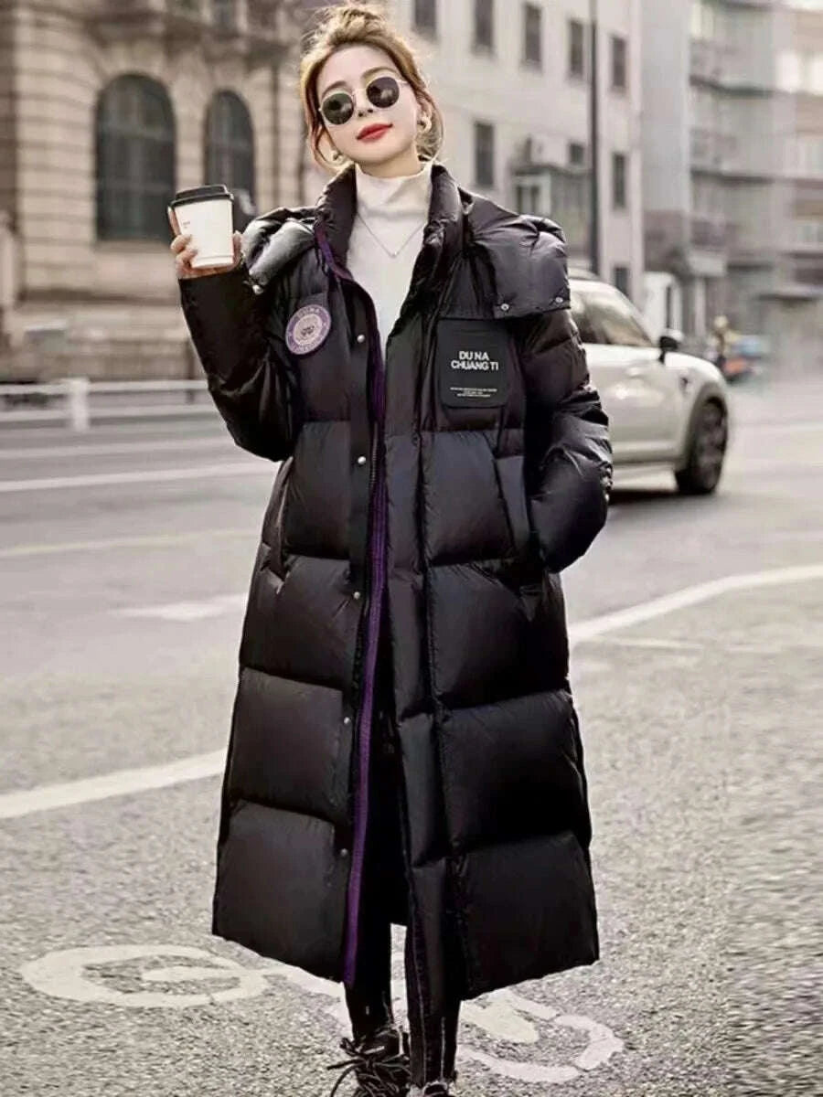 KIMLUD, New Arrivals Winter White White Duck Down Hooded Long Puffer Jacket Thickened Warm Solid Color Fashion Windproof Down Jacket, KIMLUD Womens Clothes