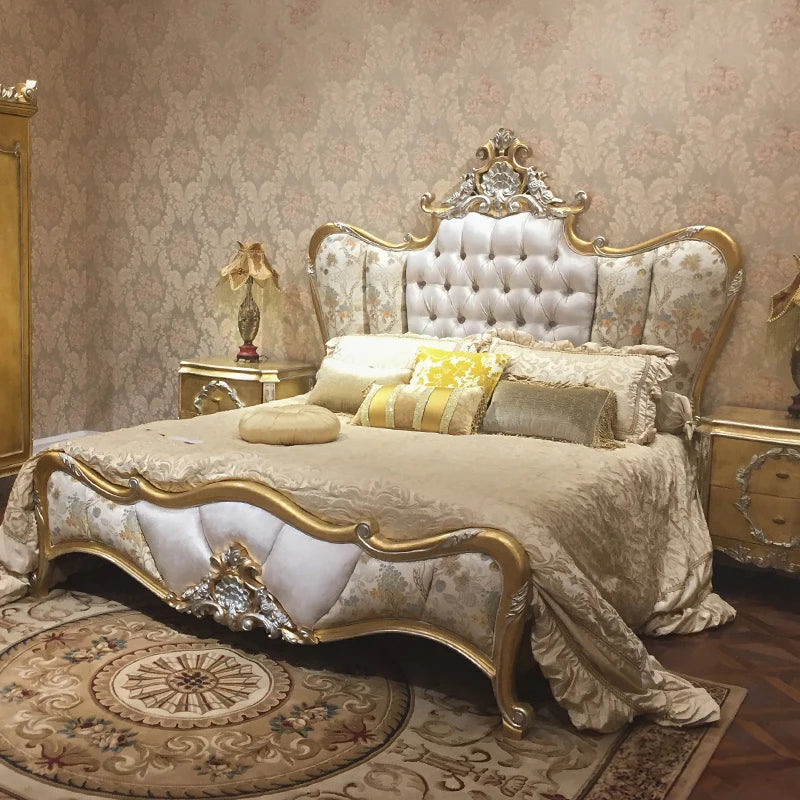 French Rococo Design Home Bedroom Gold Leaf Carving King Size Bed European Classic Luxury Golden Wooden Bedroom Furniture