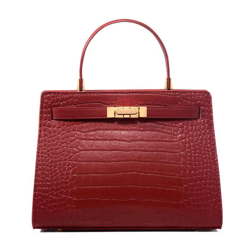 PU Leather Crocodile Satchel Bag — Burgundy | KIMLUD