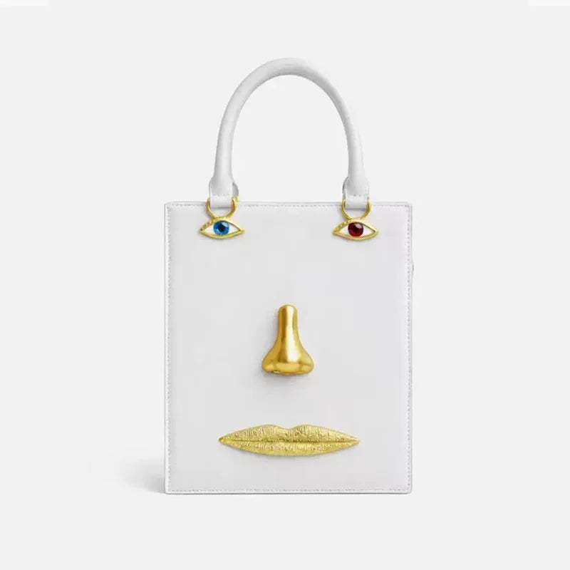 Gold-Tone Leather Face Bag Geometric Motif — Gold | KIMLUD