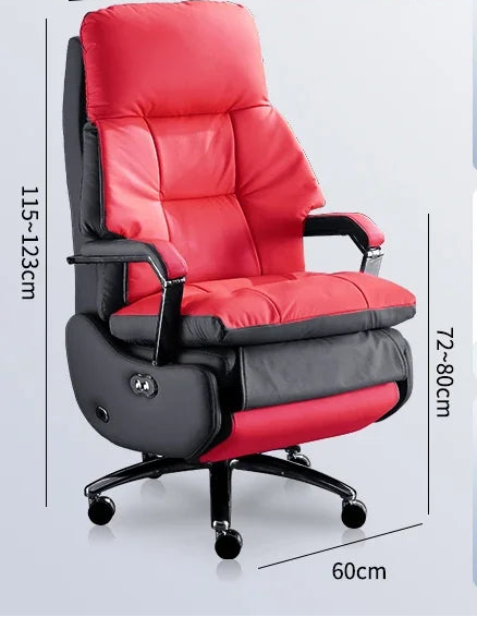 Red office chair with features and specifications on a white background