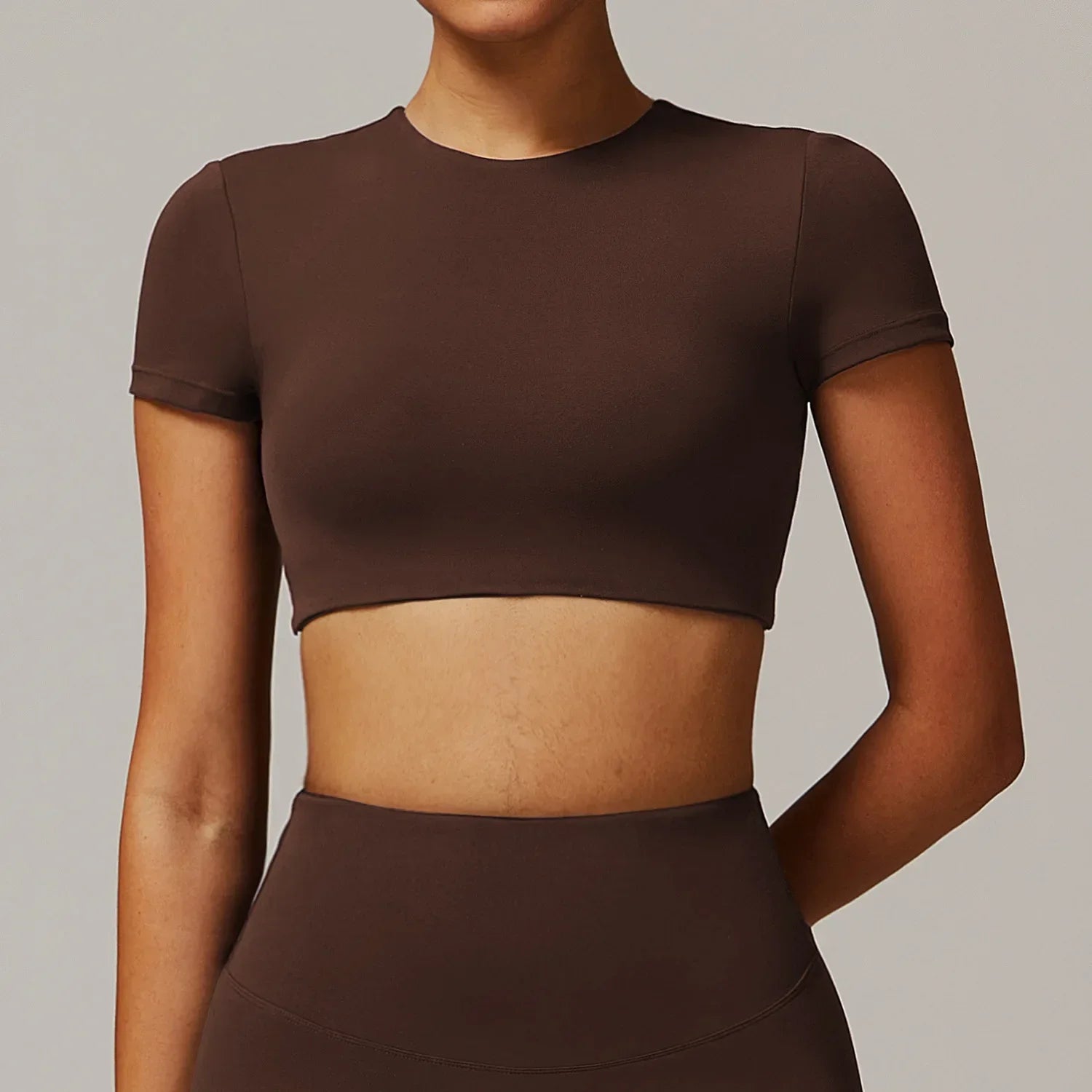 Backless Padded Yoga Crop Top Short Sleeve — Warm Sand-Beige | KIMLUD