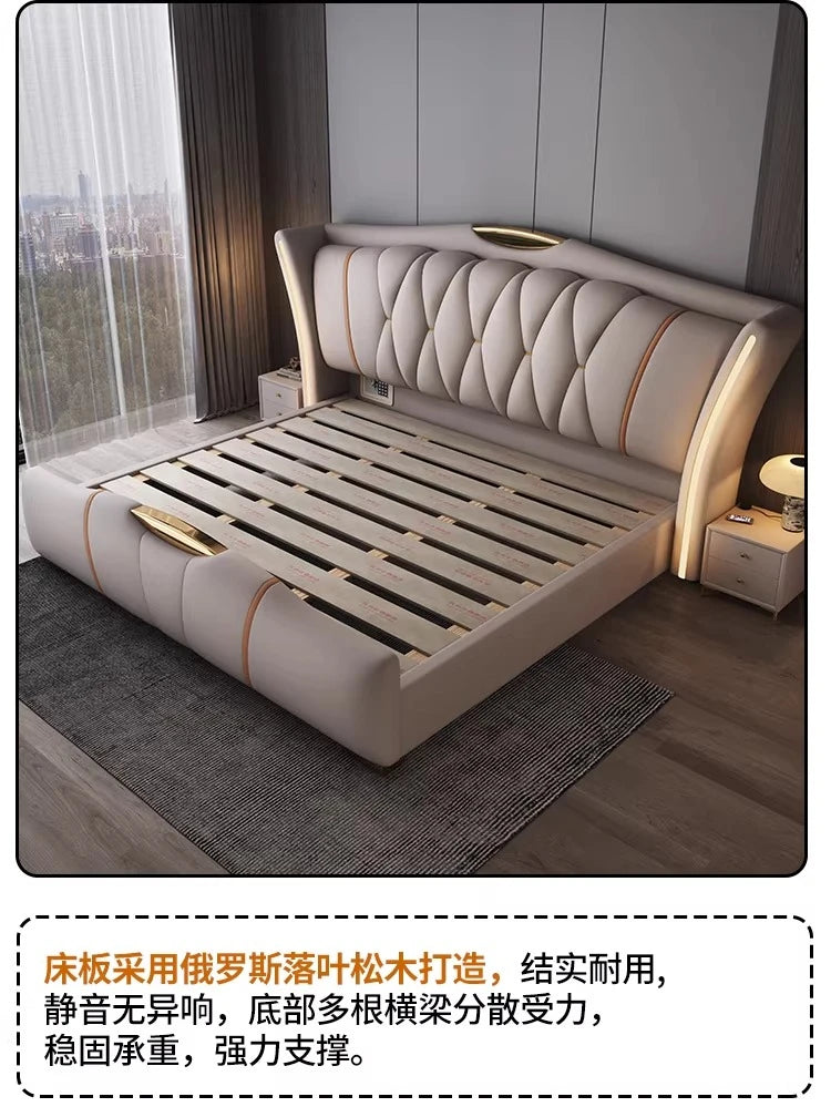 Leather Bed Frame With Lit Headboard — Ivory-Beige | KIMLUD