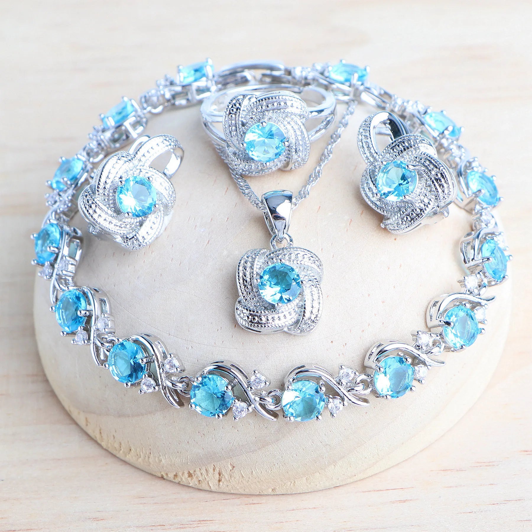 Sterling Silver Jewelry Set Blue Zirconia — Blue | KIMLUD