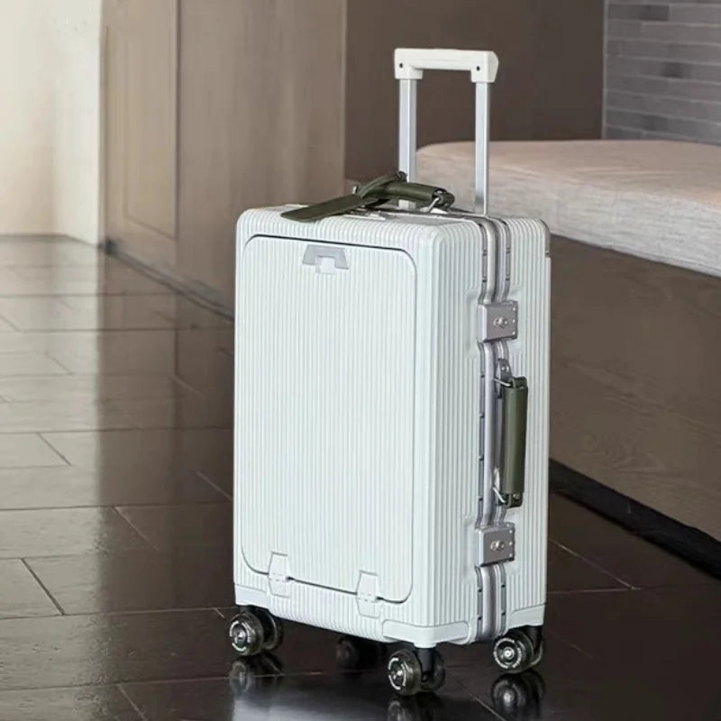 Aluminum Front-Opening Carry-On Luggage — Deep Navy With Mint Accents | KIMLUD