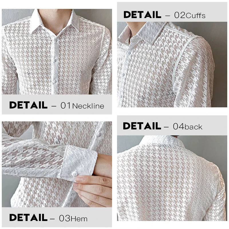 Mesh Transparent Long Sleeve Shirt Plaid Print, See-Through Mesh Texture, Sleek Slim Fit — Black | KIMLUD