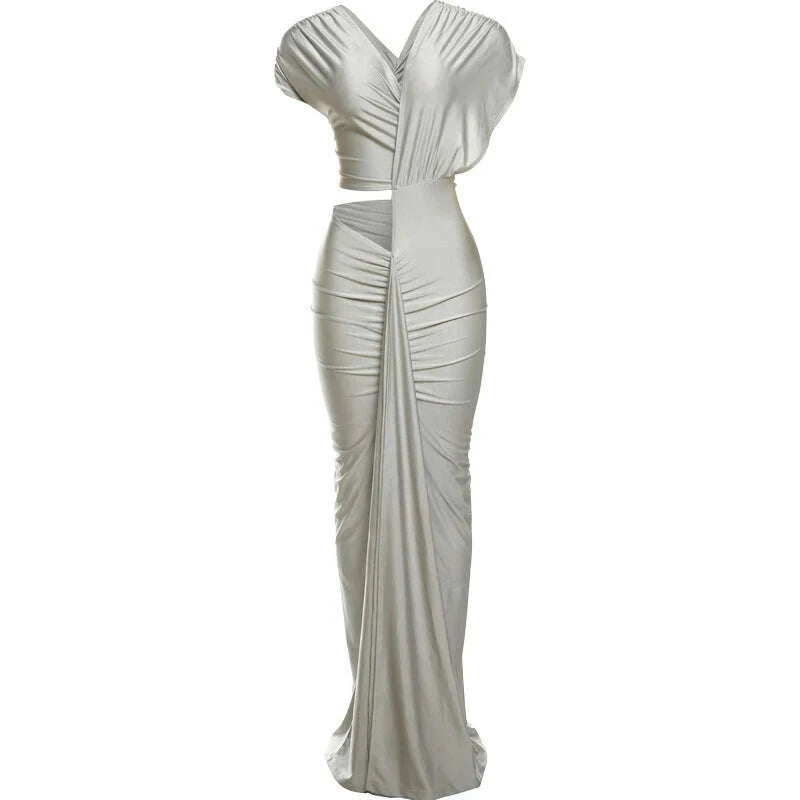 KIMLUD, Elegant Ruched Bodycon Dress - Asymmetric Collar Long Evening Dress, KIMLUD Womens Clothes