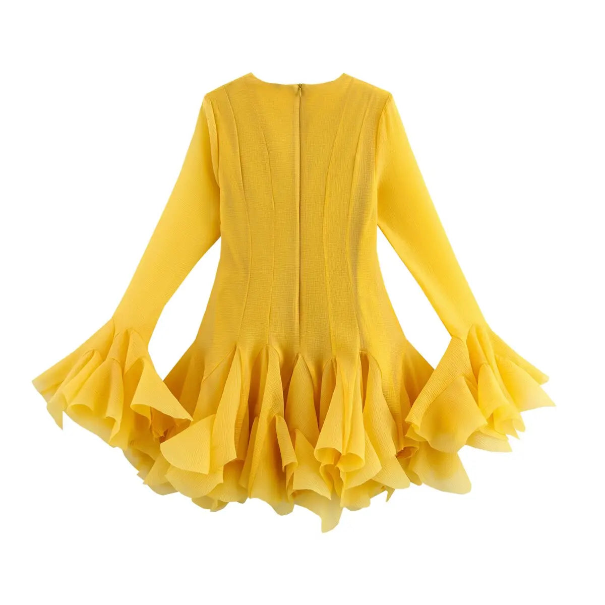 2026 Summer Women's Elegant Multi-Layered Ruffled Hem Mini Dresses Lady Sweet French Style Long Flare Sleeve Slim Fit Puffy Robe