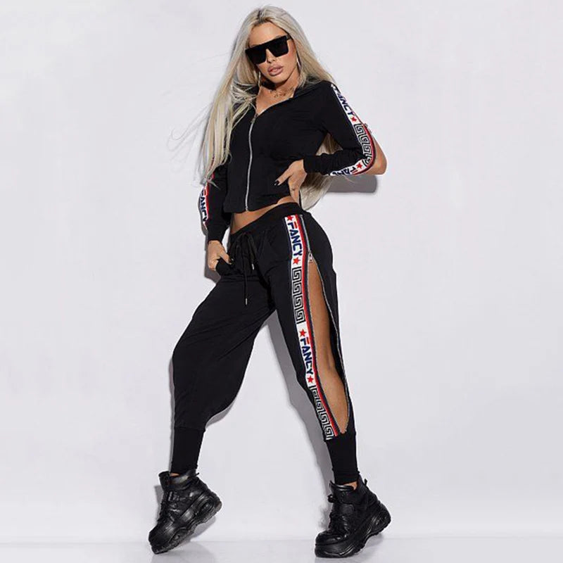 Cotton-Polyester Two-Piece Set Zip Hoodie and Sweatpants — Black | KIMLUD