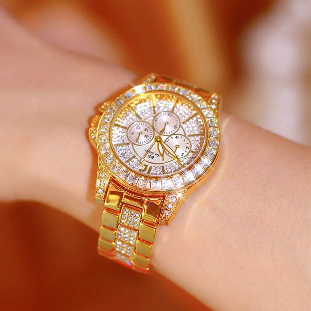 Lux Elegant Diamond Dial Two-Tone Watch — Silver | KIMLUD