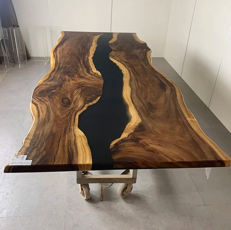 Walnut Wood Dining Table Top Amber Resin River — Walnut | KIMLUD