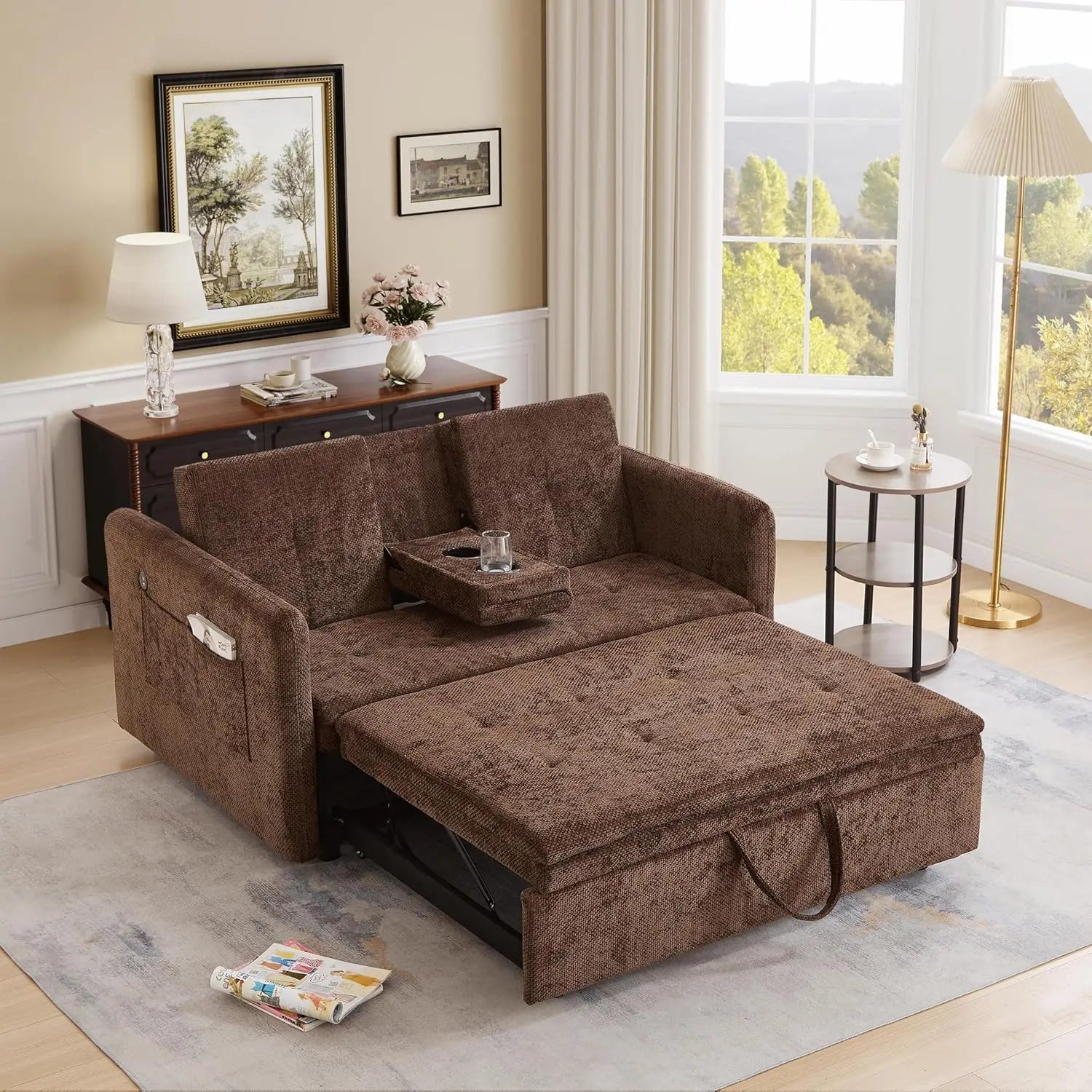 Minimalist Modern Convertible Sofa Bed With Cup Holder — Sage | KIMLUD