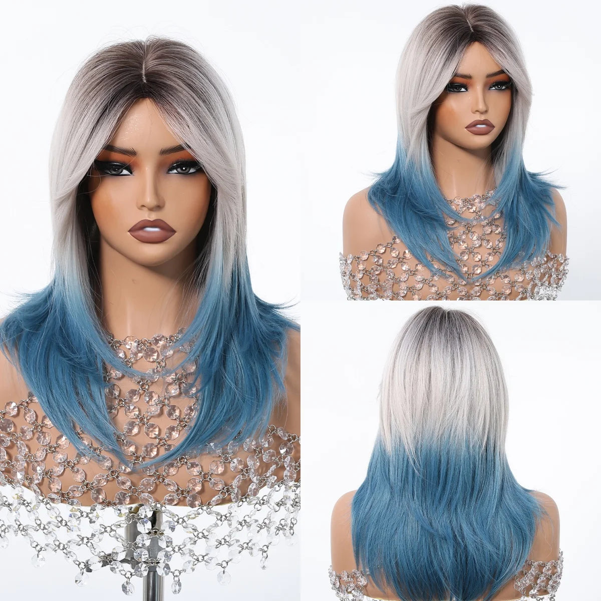 Wig – Medium-Length Layered Straight Bangs – Synthetic Hair – Grey | KIMLUD