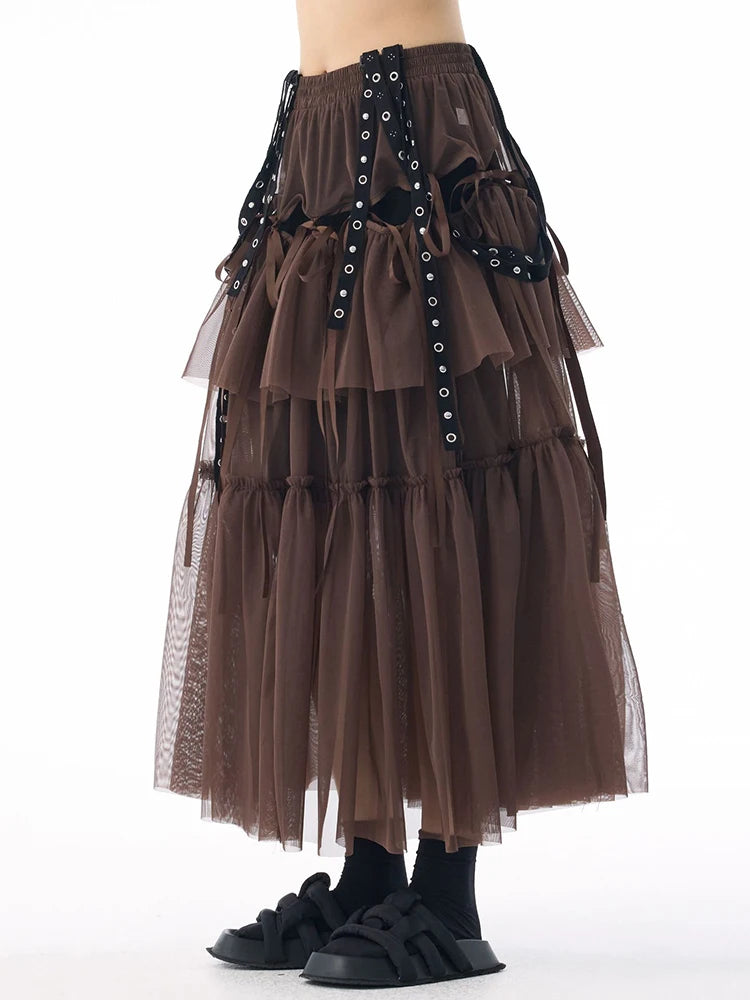 Midi Skirt - High Elastic Waist - Cotton Polyester - Coffee | KIMLUD