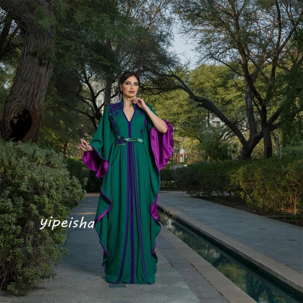 Customized Jersey Flower Sashes Ruched Wedding Party A-line V-neck Bespoke Occasion Gown Long Dresses