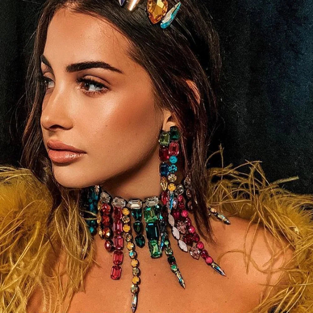 Colorful Large Crystal Necklaces Rhinestone Tassel — Multicolor | KIMLUD