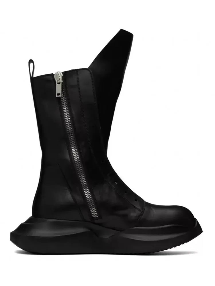 Gothic Men Thick Platform Mid Calf Boots Height Increasing Cowhide Genuine Leather Sneakers Man High Top Moto Biker Safety Shoes