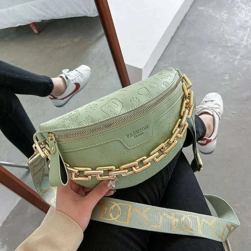 KIMLUD, Cartoon Pattern empaistic PU Leather Fanny Pack For Women Luxury Chain Waist Bag Female Cute Waist Pack Wide Strap Crossbody Bag, KIMLUD Womens Clothes