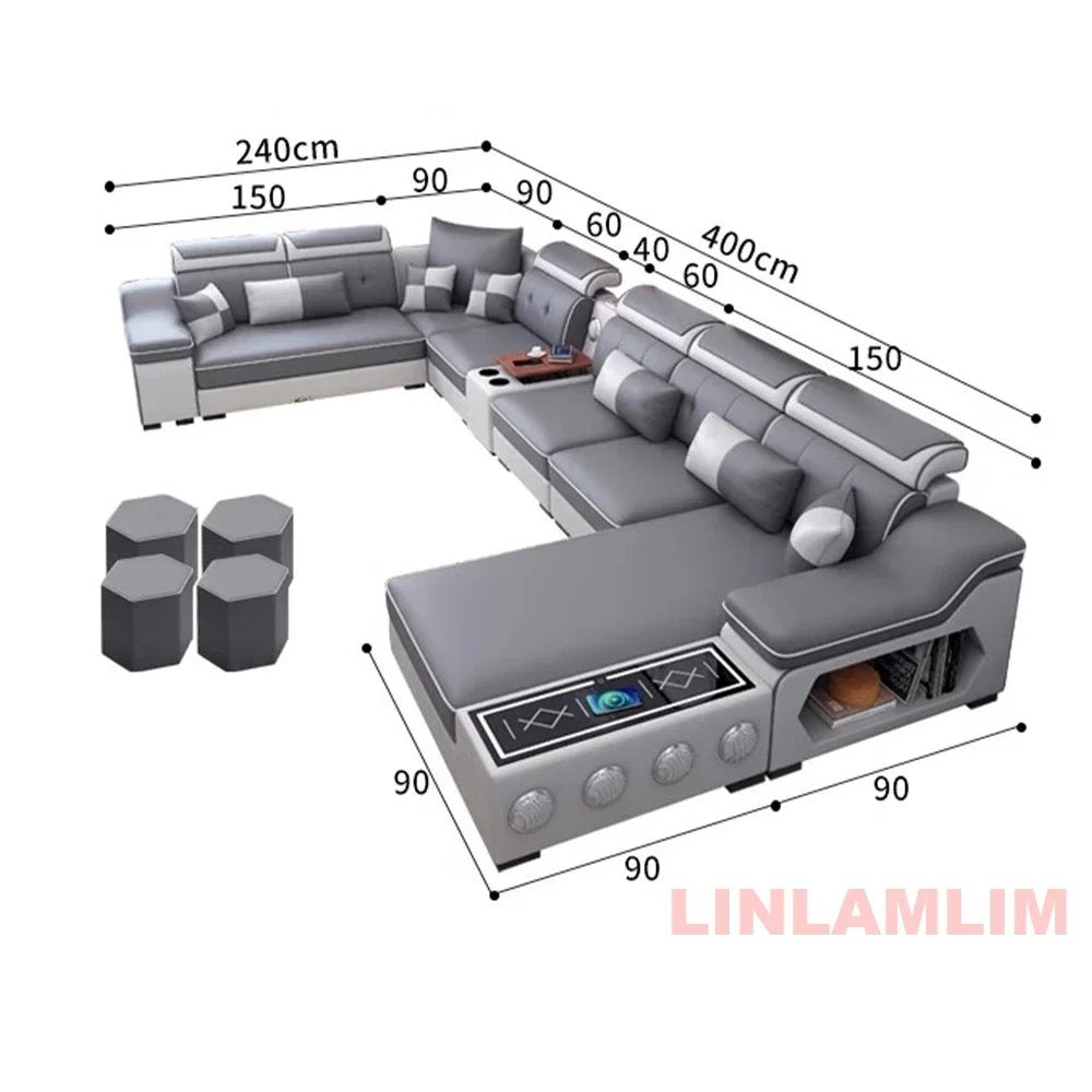 Linlamlim Modern Scientific Fabric Sectional Sofa Set with Chaise Lounge, Bluetooth Speakers, USB Charging Ports for Living Room