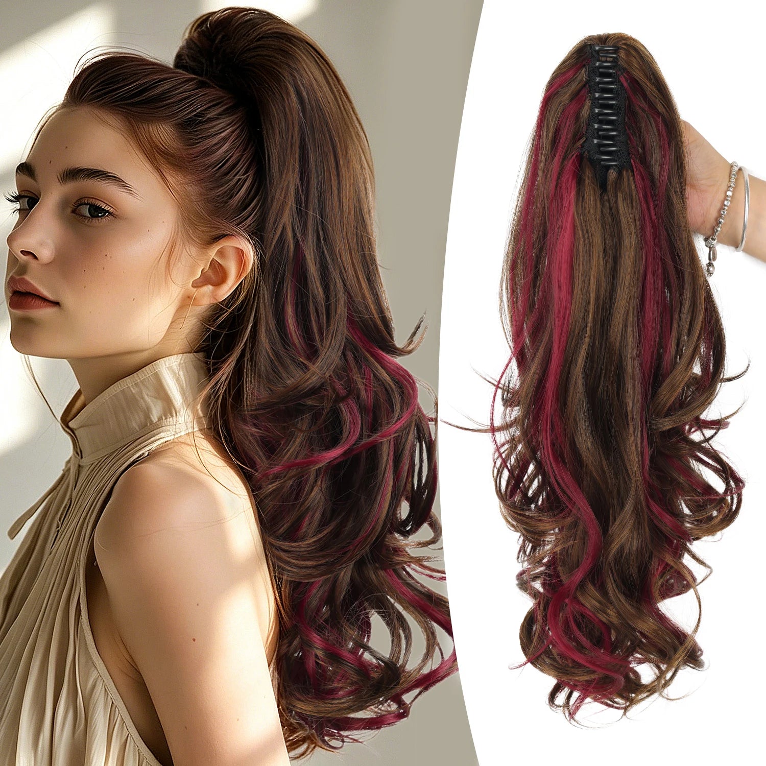 Synthetic Claw Ponytail Extensions 20inch Wavy Clip Claw Ponytail Hair for Women Ladies Daily Party Holiday