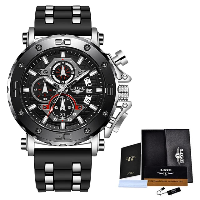 New Top Brand LIGE Mens Watches Fashion Sport Leather Watch Man Luxury Date Waterproof Quartz Chronograph Relogio Masculino+Box