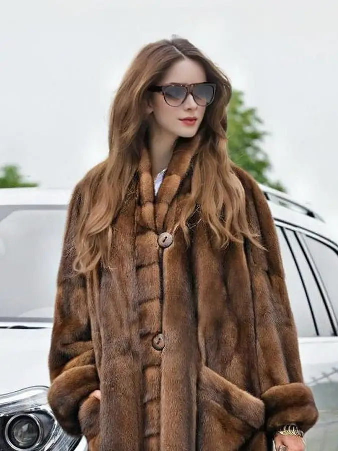 Faux Mink Fur Coat - Long Length - Dark Brown | KIMLUD